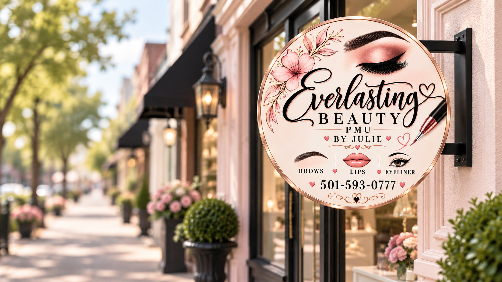 Everlasting Beauty PMU sign outside a pastel boutique